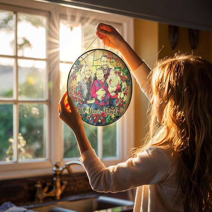 Personalized Stained Glass Christmas Suncatcher – Custom Family Photo Window Decor – First from Mom and Dad – Festive Holiday Ornament Keepsake
