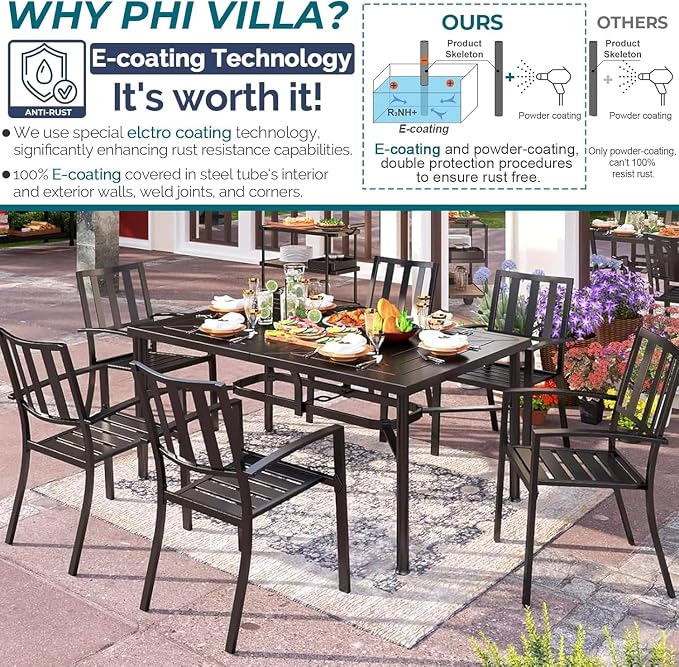 PHI VILLA 7 Piece Patio Dining Set, 64" Steel Table | Outdoor Dining Set for 6 for Patio, Deck, Yard, Garden