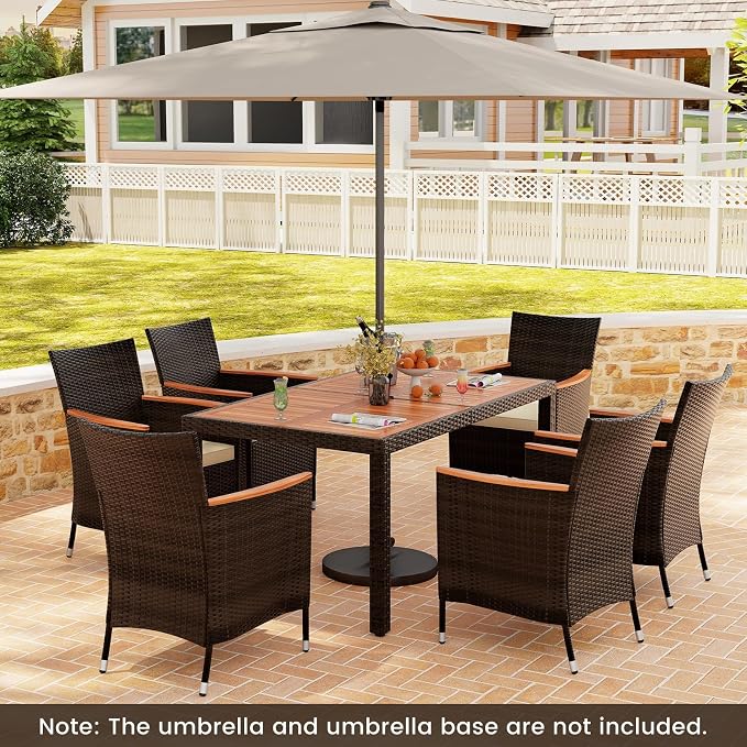 KOTEK 7 Piece Outdoor Dining Set, Wicker Patio Dining Set for 6 with Stackable Chairs & Acacia Wood Table, 1.96'' Umbrella Hole, Patio Table and Chairs Set for Backyard, Deck, Garden (Mix Brown)