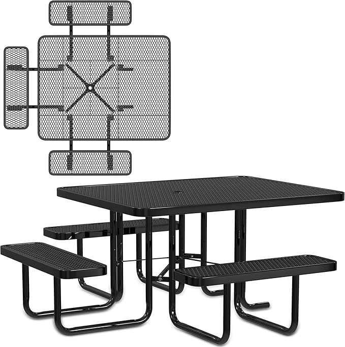 Leisure Craft Metal Picnic Table with Bench - 46" Square Outdoor Dining Table with Umbrella Hole, Heavy Duty Thermoplastic Coating, ADA Compliant, Commercial Grade Furniture Made in USA - Black
