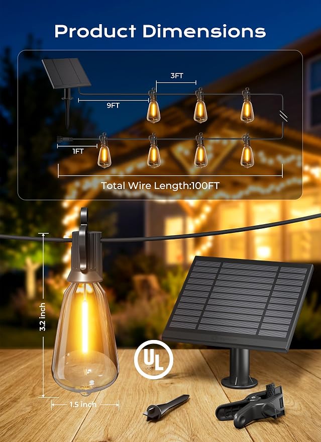 Brightown 100FT Solar String Lights Outdoor, 31+2 Shatterproof LED Lights | Waterproof, Remote Control, Dimmable, Timer, 3 Light Modes Solar Lights for Yard, Camping, Parties and Outdoor Decor
