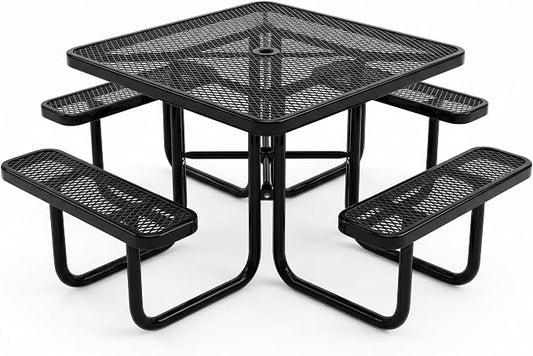 46-Inch Square Metal Outdoor Picnic Table – Commercial Heavy-Duty Steel Dining Table with Thermoplastic Coating, Weather & Rust Resistant, Ideal for Patio, Outside, Garden, Schools (Black)