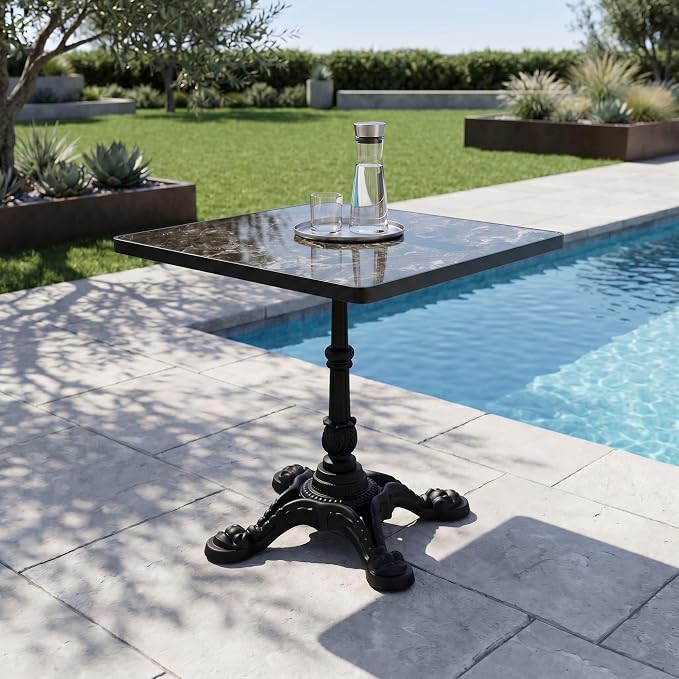31.5" Square Outdoor Patio Dining Bistro Table, Sintered Stone Top | Glossy sintered stone top, cast iron tulip base, compact size for patio, balcony, garden, or café use, 2-4 People Dining