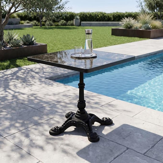 31.5" Square Outdoor Patio Dining Bistro Table, Sintered Stone Top | Glossy sintered stone top, cast iron tulip base, compact size for patio, balcony, garden, or café use, 2-4 People Dining