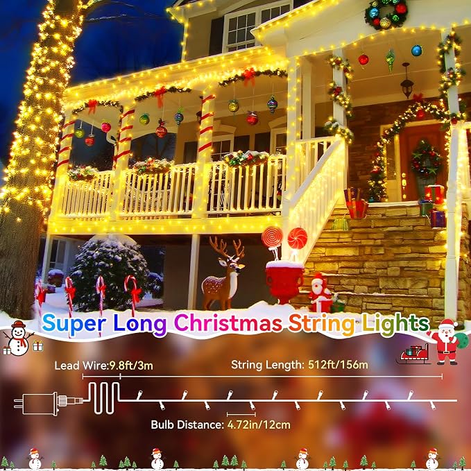Christmas Lights Outdoor, 522FT 1300 LED String Lights with 8 Lighting Modes, Timer Memory Twinkle Fairy Lights Waterproof Plug in for Xmas Tree Wedding Party Holiday Decor(Warm White)