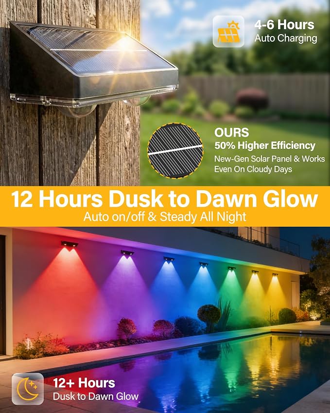 Solar Fence Lights Outdoor, 2 Pack Fence Lights Solar Powered | 85LM Solar Lights, 9 RGB Color Modes, IP65 Waterproof, 12H Dusk to Dawn Glow for Pool/Deck/Patio/Wall/Backyard - Light Black
