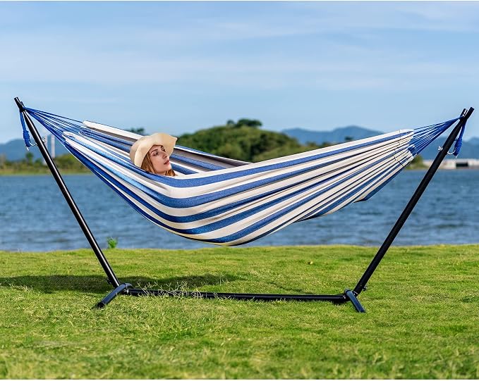 Lazy Daze Portable Hammock with Stand, Free Standing Hammocks for Indoor Outdoor Patio Yard, Has a Carrying Bag and Pillow, 9ft Hamacas Heavy Duty 2 Person Amaca 450 lbs Capacity(Blue White)