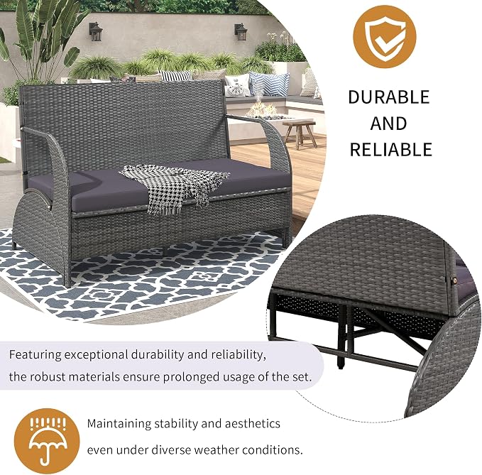 Convertible Bench Table Outdoor, 57.1" 2-in-1 Outdoor Loveseat Transforms to 4-Seat Folding Picnic Table, HDPE Wicker Iron Frame Portable Patio Furniture for Garden Backyard Lawn, Gray
