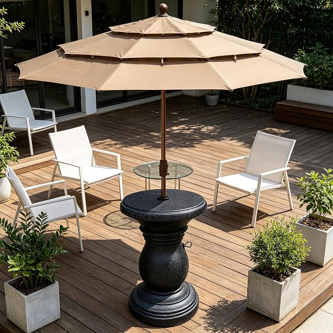 Outdoor Umbrella Side Table, Patio Table with Umbrella Hole for Porch, Concrete Modern Coffee Picnic or Poolside Table, Black