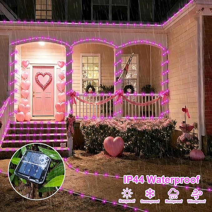 QITONG Pink Solar Rope Lights Outdoor, 66ft 200 LED String Light, 8 Modes Fairy Lights in Clear Thin Tube with 8 Modes