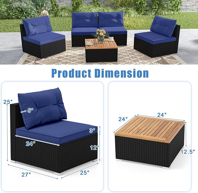 DORTALA 5 Piece Wicker Patio Furniture Set, PE Rattan Outdoor Sectional Conversation Set with Acacia Wood Coffee Table, 4 Chairs for Deck, Backyard, Poolside, Navy
