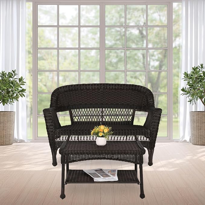 Jeco Wicker Patio Love Seat and Coffee Table Set without Cushion, Espresso
