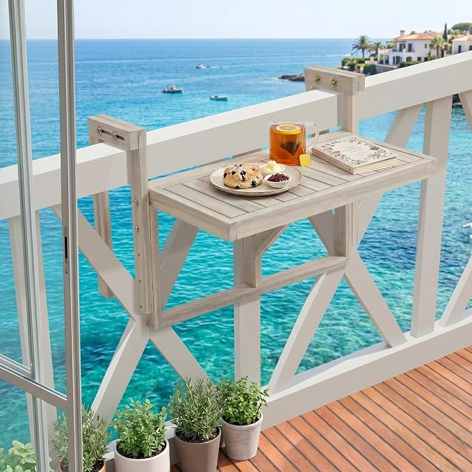 Acacia Wood Balcony Hanging Table – 1PCS Stable Fixed Outdoor Railing Table – Weather-Resistant White Finish – Adjustable Mounting for Small Balcony, Patio, and Porch – Heavy-Duty Deck Side Table