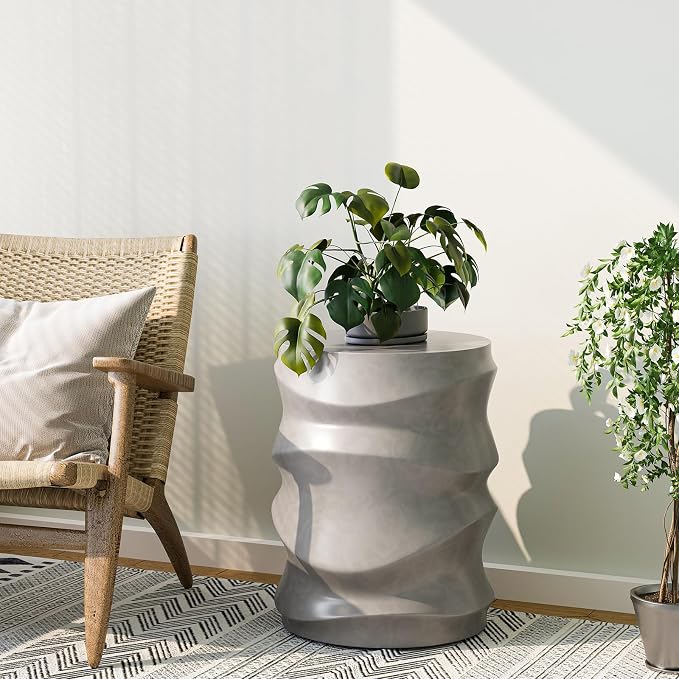 SUNBURY Outdoor Side Table, 18" H Concrete Accent End Table Streamlined, Small Round Cement Plant Stands Table, Decorative Garden Stools for Backyard, Grey