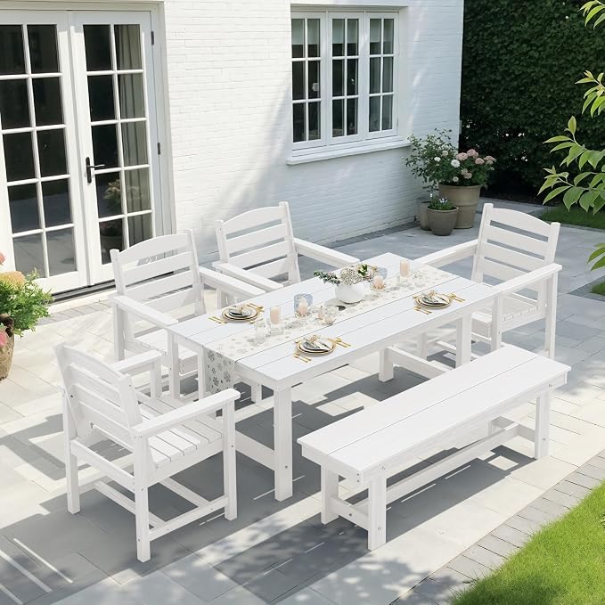 KINGYES 6-Piece Patio Dining Set, HDPE Outdoor Table and Chairs with Bench, White