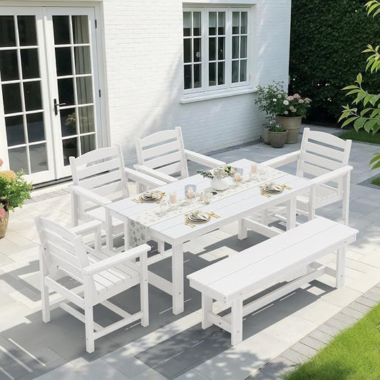 KINGYES 6-Piece Patio Dining Set, HDPE Outdoor Table and Chairs with Bench, White