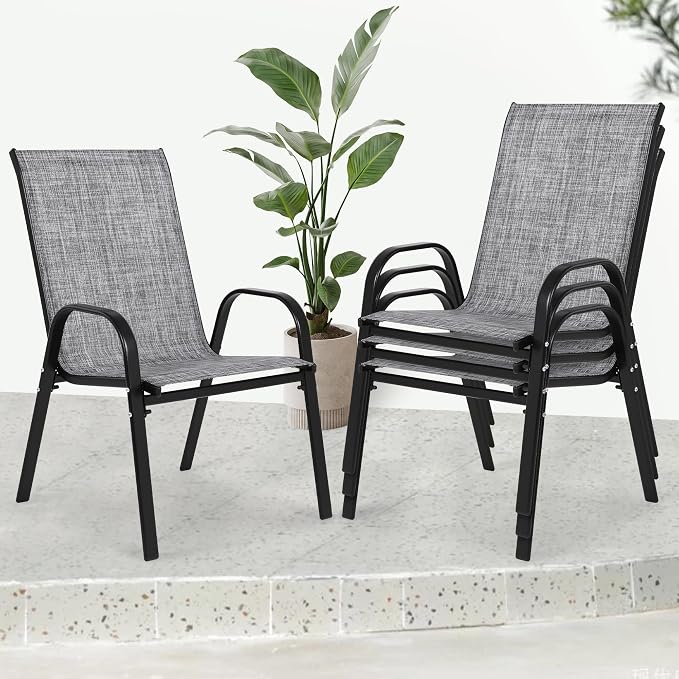 24.4" Wide Outdoor Stackable Chairs Set of 4, Stacking Patio Chairs with Textilene Fabric, Outside Furniture for Garden Backyard Balconie Poolside Deck, Grey