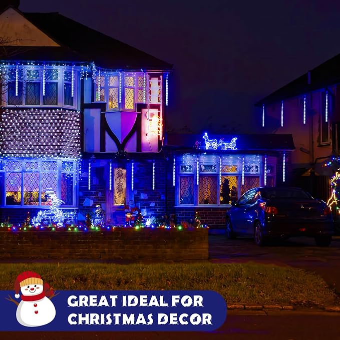 JMEXSUSS 2 Pack Blue Solar Meteor Shower Lights Outdoor Christmas Lights | Meteor Falling Rain Lights Cascading String Lights Waterproof for Tree Garden Party Christmas Decor, Total 16 Tubes 288 LED