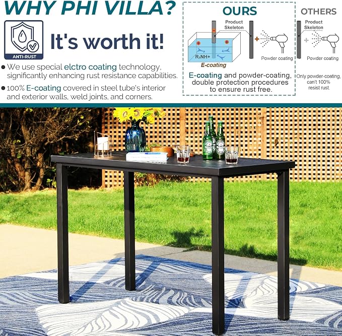 PHI VILLA Outdoor Tall Bar Table, 55”x27” Counter Height Dining Table with Wood-Like Metal Frame & Adjustable Feet, Black High Top Pub Cafe Table for Patio, Yard