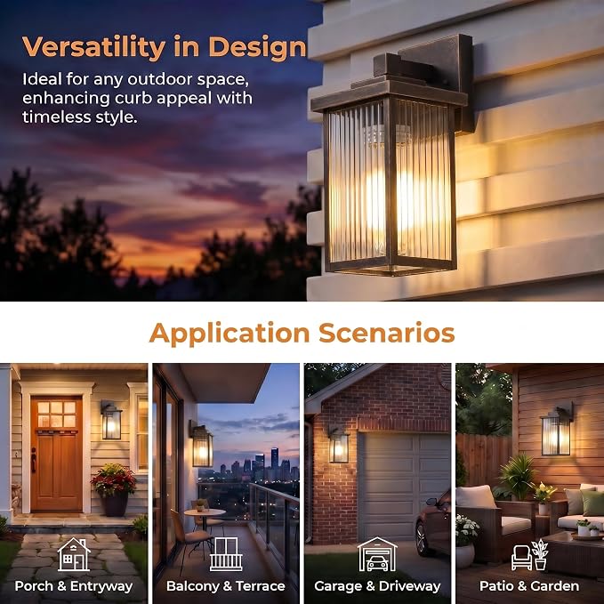2-Pack 13" Black Brush Gold Outdoor Wall Light, All-Metal Porch Light | Textured Glass Softens Glare, Stays Bright. Dual-Tone Rust-Resistant Metal. Pre-Assembled DIY Install. For Porch, Garage