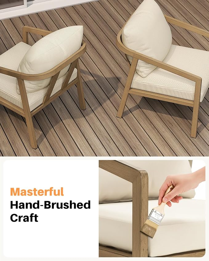 Teak Patio Sofa Chairs Set of 2, Never-Rust Aluminum Outdoor Armchair with Removable Cushions, All Weather 2 Pieces Outdoor Club Chairs, Outdoor Sofa Chairs for Garden, Porch, Balcony