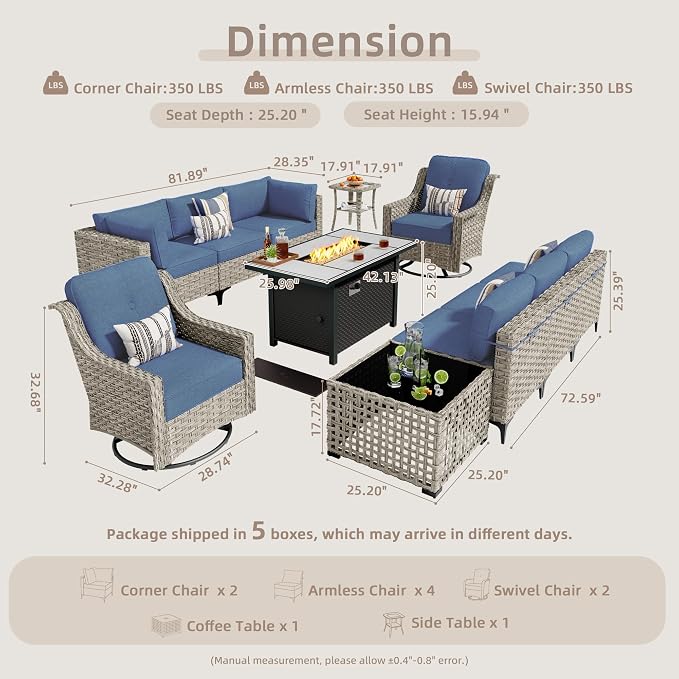 CAODOC 11 Pieces Outdoor Patio Furniture Set, Rattan Wicker Sectional Swivel Rocker Chairs Sets with Fire Pit, Swivel Glider Chairs, and Solar Powered Table
