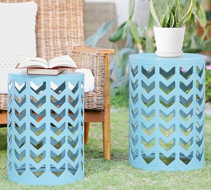Y&M Set of 3 Stacking Coffee Table for Living Room, Patio Side Table,Indoor End Tables for Bedroom, Outdoor Decorative Garden Stool with Heavy Duty Metal Frame Modern Industrial Decor - Light Blue