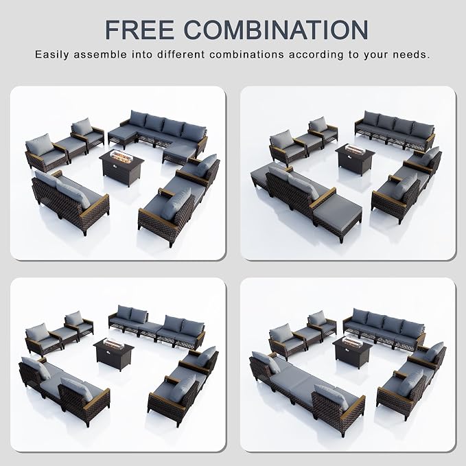 15 Pieces Patio Conversation Sets, Outdoor Furniture Set with Fire Pit Table, Wicker Rattan Sectional Modular Seating Set Includes 2 Three Seater Sofa & 4 Single Armchairs & 4 Ottomans (Gray Cushions)