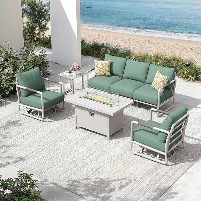 5-Seat Aluminum Patio Conversation Sofa Set with 2 Swivel Rocking Chairs & Oversized Fire Pit Table (Glass Wind Guard), All-Weather for Balcony, Garden, White