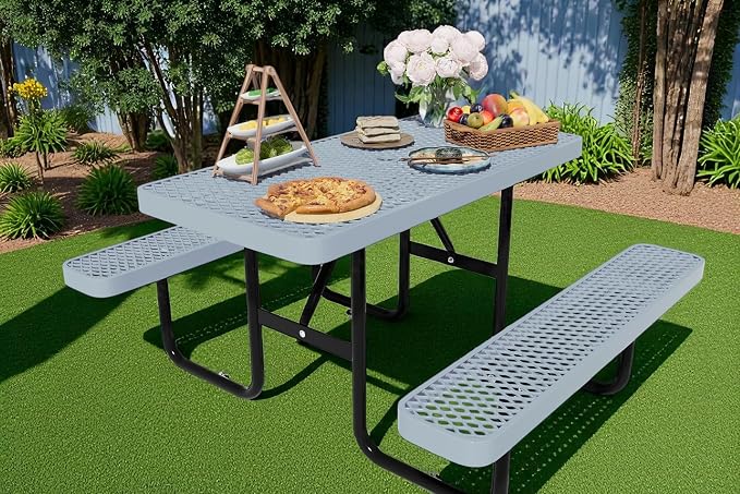 4 FT Metal Picnic Tables for Outdoors, Industrial Expanded Metal Patio Dining Table with Benches & Umbrella Hole, Outside Table Rectangular Table Furniture Set for Garden, Lawn, Parks