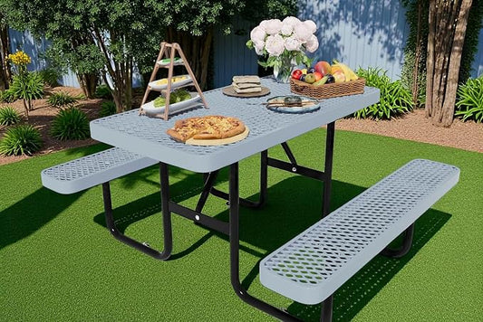 4 FT Metal Picnic Tables for Outdoors, Industrial Expanded Metal Patio Dining Table with Benches & Umbrella Hole, Outside Table Rectangular Table Furniture Set for Garden, Lawn, Parks