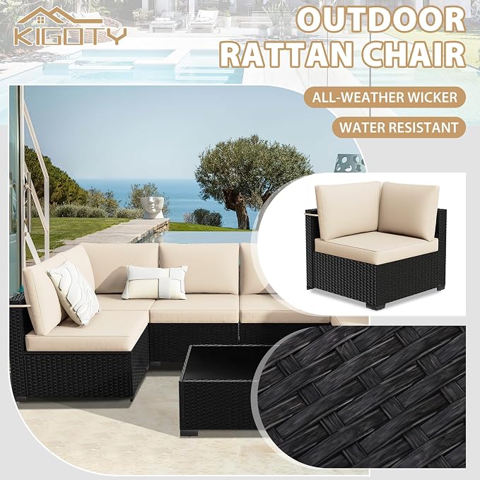 KIGOTY 7-Piece Patio Furniture Set, All-Weather PE Rattan Outdoor Sectional Sofa, Modular Wicker Conversation Set with Thick Cushions & Easy-Clean Coffee Table（Black/White）