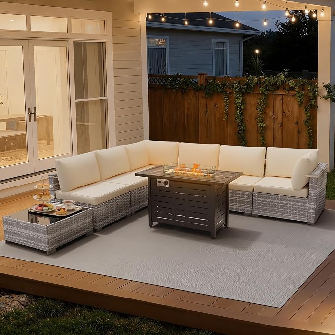 LOUVIXA 8 Piece Outdoor Patio Furniture Set, Outdoor Sectional Sofa with Firepit Table, Wicker Rattan Patio Furniture, Patio Conversation Set with Coffee Table & Cushions