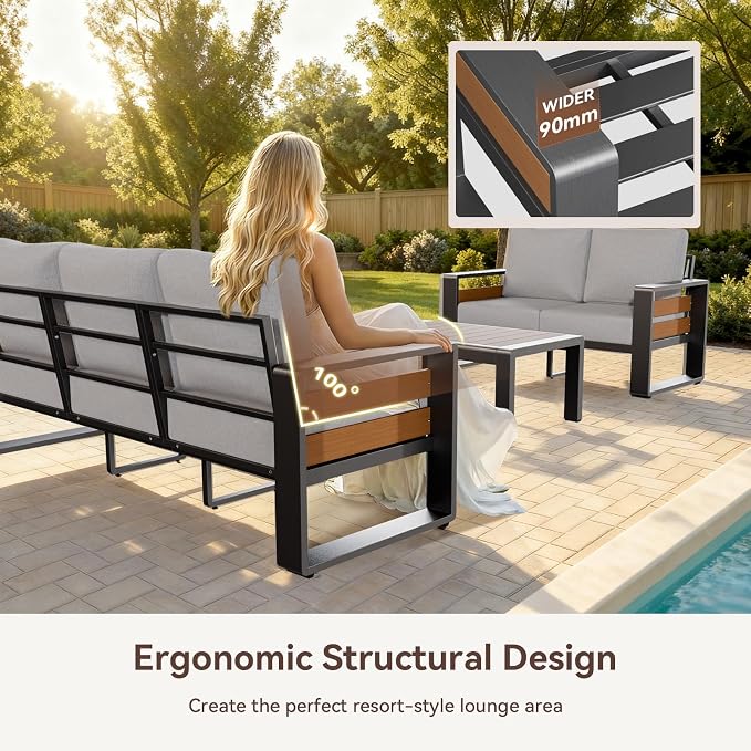 Aoxun Aluminum Outdoor Patio Furniture Set, 3 Seats Metal Sectional Patio Furniture, Modern Outside Sectional Set for Backyard, 3-Seat Sofa ×1, Light Grey & Dark Grey