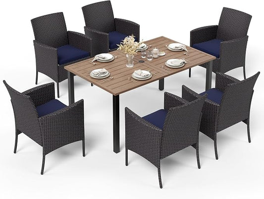 HERA'S HOUSE 7 Pieces Outdoor Dining Set, Outdoor Dining Set for 6, 6 x Cushioned Rattan Chairs, 1 x Rectangular Metal Dining Table with Wood-Look Finish for Patio, Lawn, Garden, Porch