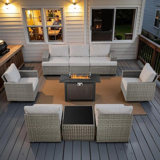 9 Piece Patio Furniture Set with 43-Inch Propane Fire Pit Table, Outdoor Sectional Sofa Set, 5 Seater Modular Wicker Seating with 50000 BTU Fire Table for Deck Backyard Casual Gathering