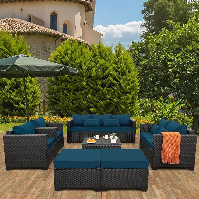 Rattaner Patio Furniture Set 7 Pieces Couch Outdoor Chairs Coffee Table Peacock Blue Anti-Slip Cushions and Waterproof Covers