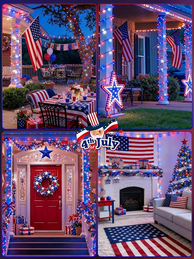 Solar String Lights Outdoor 2 Pack 200 LED Christmas Lights Red White Blue | 8 Lighting Modes, Memory Function, Auto On/Off, 66FT Waterproof Twinkle Lights for Outside Patio Yard Xmas Tree Decorations
