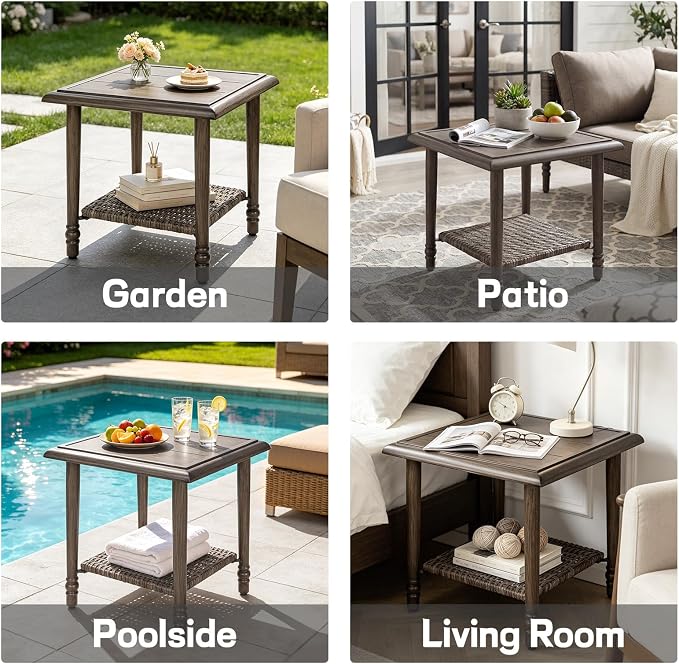 Wicker Outdoor Side Table, All Weather Rattan End Table | 20" Square Patio coffee Table, 2-Tier Storage Side Table for Porch, Balcony, Garden, Living Room