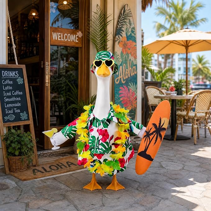 Porch Goose Hawaiian Outfit with Hat, Sunglasses & Lei, Summer Yard Decor | Fits 23 Inch Goose, Includes Tropical Shirt, Drink, Surfboard & Lei,Summer Goose Outfit for Pool Party, Lawn Garden Decor