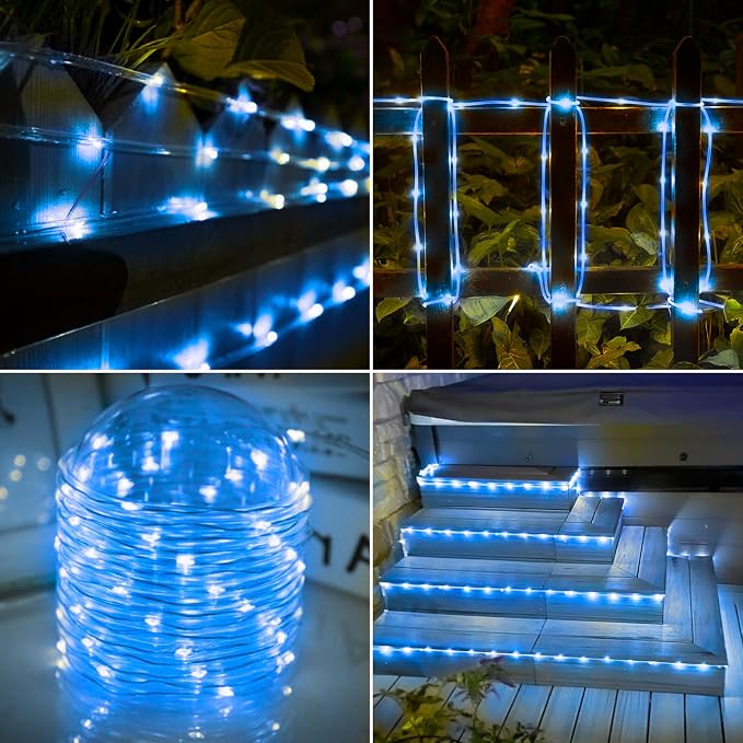 Jnaurb Solar Rope Lights, 2 Pack Total 66ft 200LED Solar String Lights, 8 Modes Waterproof Solar Outdoor Light, Flexible Clear Trampoline Light for Garden Yard Patio Deck Porch Pool Tree Decor - Blue