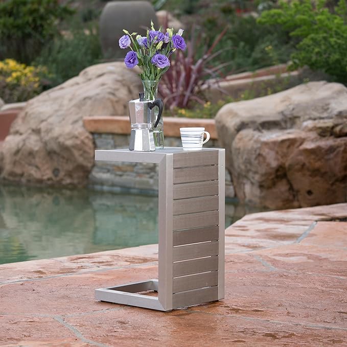 C-Shaped Outdoor Side Table 14.5" D x 15" W x 24" H Aluminum Frame Silver Patio Furniture