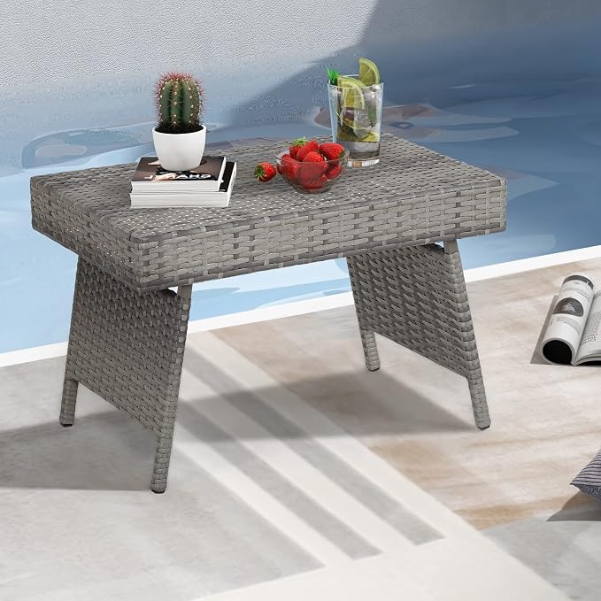Outdoor Side Table for Patio, Folding PE Rattan End Table with Metal Frame, Portable Wicker Coffee Table for Garden Porch Balcony Deck Poolside (Grey)