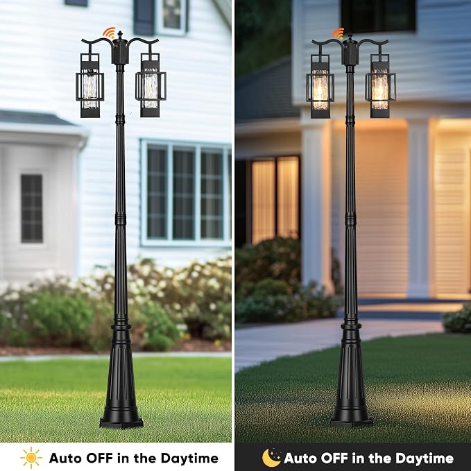 Dusk to Dawn Outdoor Lamp Post Light 2-Head, Hardwired Street Light Post for Outside Metal Pole Light Outdoor Lighting with Water Glass Shade for Garden Patio Backyard Walkway Driveway