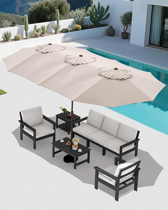SERWALL HDPE Outdoor Couch with Coffee Table & Side Table & 15FT Umbrella