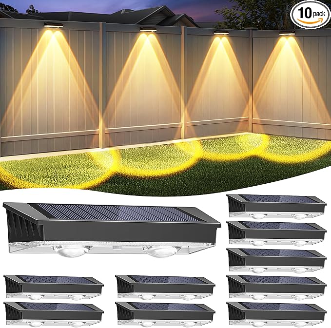 Solar Fence Lights Outdoor, 10 Pack Warm/Neutual/Cool White Fence Lights Solar Powered with 2 LED, IP65 Waterproof, Deck Lighting for Backyard, Patio, Wall, Railing, Pool, Stair