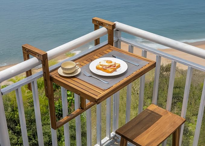 VICTORY RELAX Hanging Balcony Table - Foldable Acacia Wood Patio Table - Small Outdoor Workspace & Dining Table for Balcony Furniture - Temporary Workspace - Natural Color (27.2 x 23.6 x 17.5 Inches)