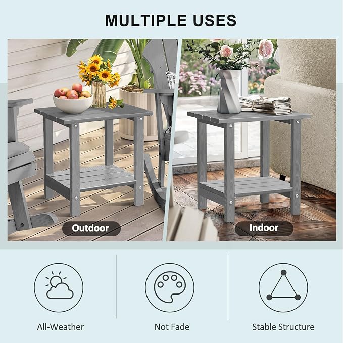 2 Tier Outdoor Side Table with Wood-Like Grain, 16.6" HDPE Adirondack Table Patio Side Table, Weather Resistant End Table for Pool, Patio & Porch, Small Outdoor Table (Grey, Rectangle)