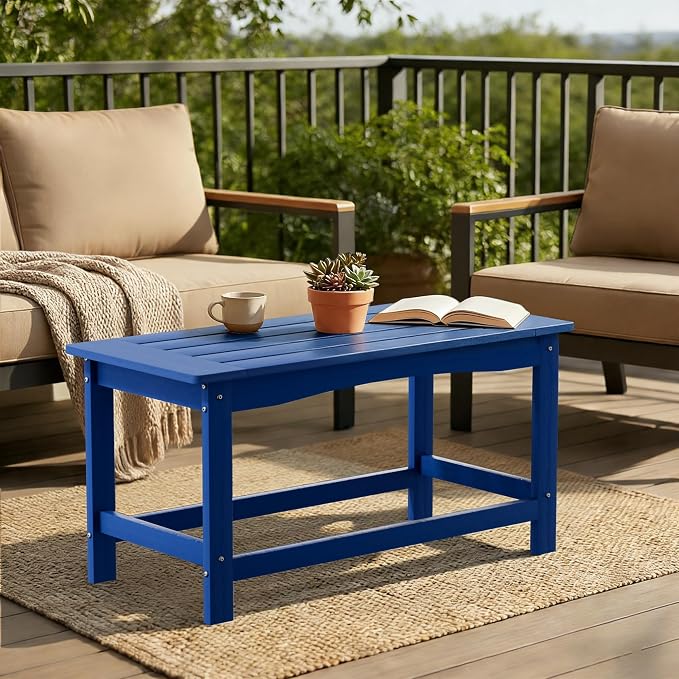 Blue Outdoor Coffee Table for Patio 35.4 x 17.5 x 16.1 Poly Lumber | 250 lb All-Weather HIPS Rectangle Patio Coffee Table, Stainless Steel Hardware, 1-Year Warranty for Deck Porch Poolside