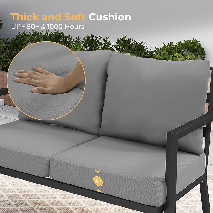 HAPPATIO Aluminum Patio Furniture Set, 4 Pieces Conversation Set with Thick Cushions and Coffee Table, All Weather Loveseat Waterproof and Rustproof for Garden, Backyard, Porch, Black